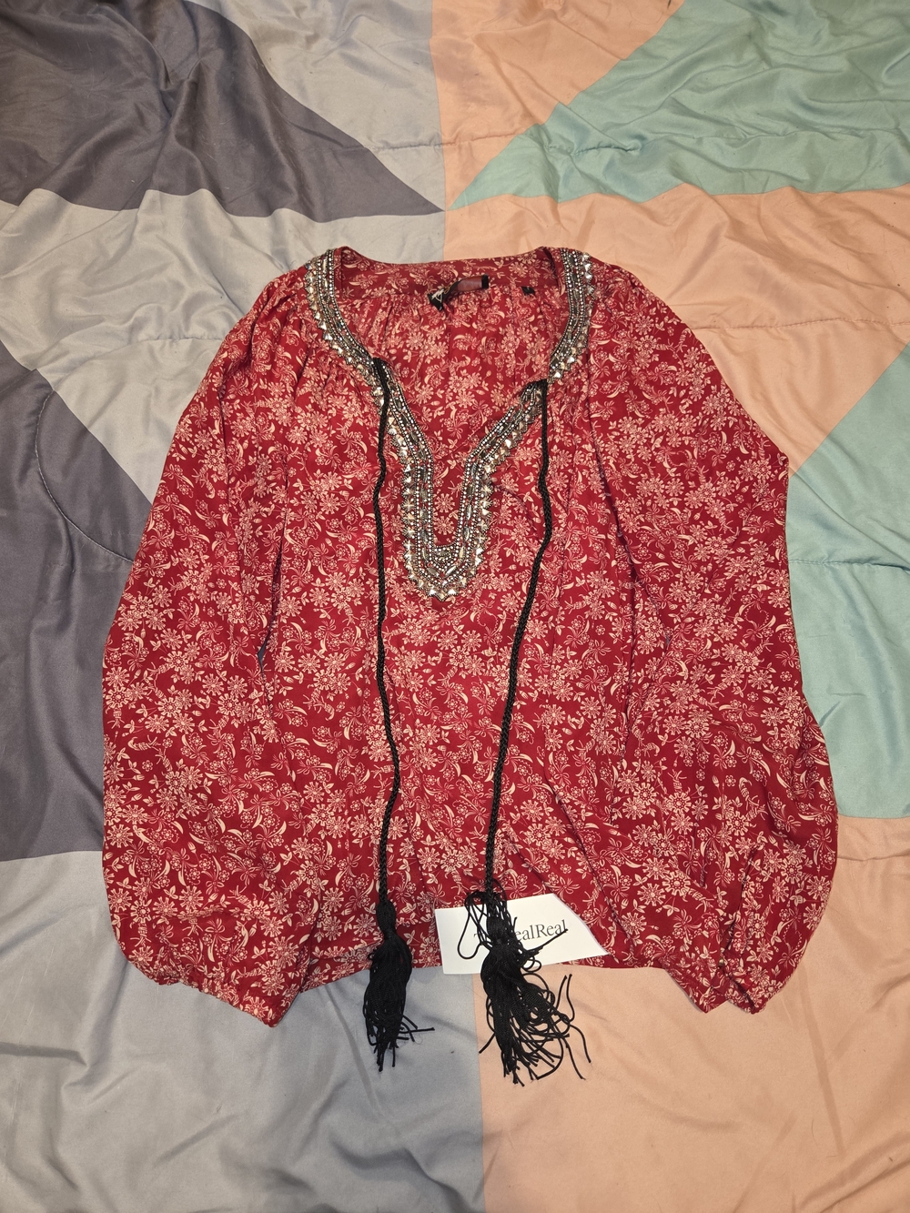 The Kooples Red Floral Embroidered Peasant Blouse with Tassel Ties